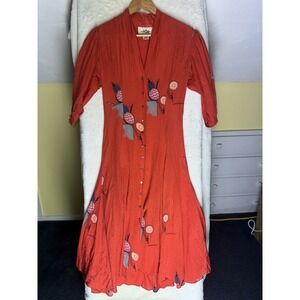 Vintage Nicole Miller 100% Silk Rare Boho Midi Dress Red Button Down Art To Wear